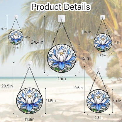 Stained Glass Window Hanging - Blue and White Lotus Petal Suncatcher for Doors Window Home Sun Catchers Decor Christmas Mother's Day July Birthday Gifts for Teacher Women Men Mom Nana 14.9 in