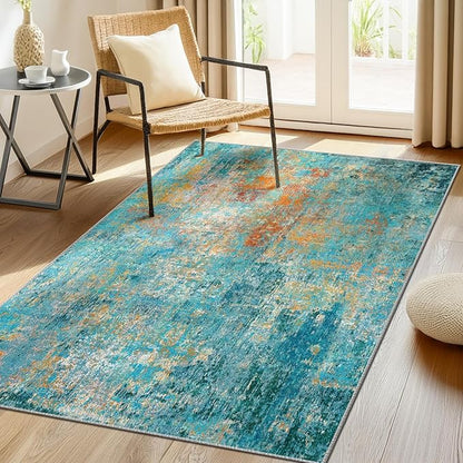 Washable Area Rugs 3'x5' Non-Slip Modern Abstract Soft for Living Room Entryway Bedroom Nursery, Print Pattern, Teal Blue Green Orange Rust Red Colorful