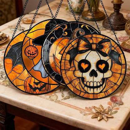 Stained Glass Window Hanging 4 Pcs Set Ghost Pumpkin bat Gothic Decor 7.8" - Horror Halloween Suncatcher Door Garden Sun Catcher Birthday White Elephant Gifts for Mom Woman Men Friend