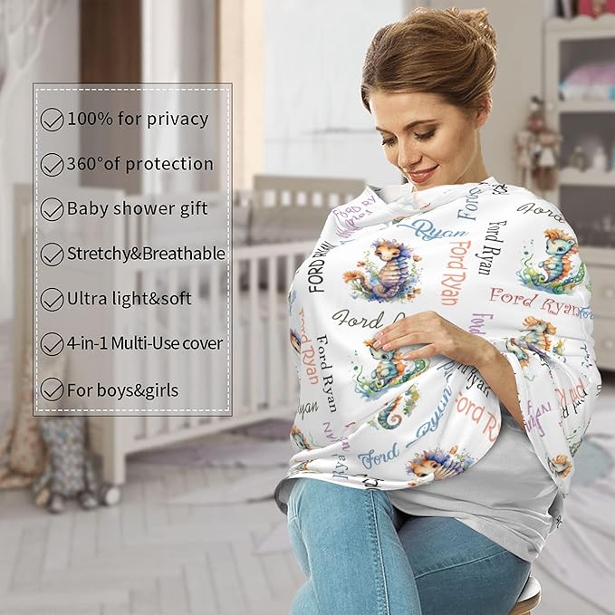 Personalized Baby Car Seat Cover with Name Stroller Canopy Custom Seahorse Carseat Cover Newborn Baby Boy Girl Nursing Cover for Moms First Birthday Gift