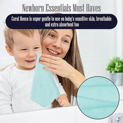 16 Pack Baby Washcloths - Luxury Coral Fleece - Extra Absorbent and Soft Wash Clothes for Newborns, Infants and Toddlers - Suitable for Sensitive Skin and New Born-Baby Shower-Frozen Blue,10x10 Inch