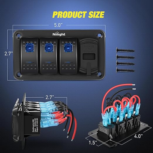 Nilight 3 Gang Rocker Switch Box 12V SPST ON Off PD Type C and QC 3.0 USB Charger Voltmeter Waterproof Aluminum Panel DIY Stickers for Boats Cars RVs Trucks