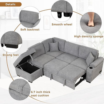 Ball & Cast Sleeper Sofa Bed L Shaped Couch with Storage Ottoman,Pull-Out Sectional Sofa Couch w/Cup Holder and Charging Stations,for Living Room and Small Apartment,Grey
