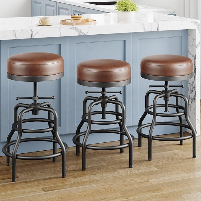 Adjustable Height Swivel Bar Stools Set of 3, 22-29 Inch Industrial Vintage Bar Counter Height Stools with Thicken Premium Bonded Leather Seats & Updated Footrests, Easy Assembly, Brown