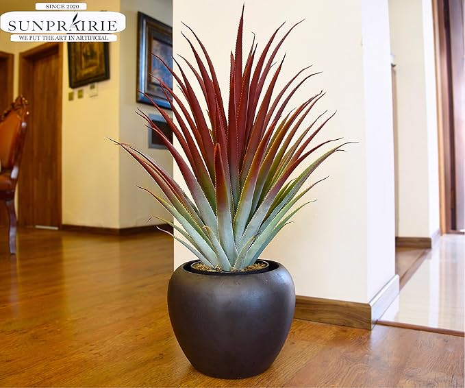 SUNPRAIRIE Hyper Realistic Big Red Artificial Aloe Vera Plant 26 Inches Tall. Large Faux Agave in Matte Black Pot.