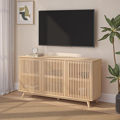 Plank+Beam Mid-Century Modern Wood TV Stand, Three Door Solid Wood Entertainment Console with Storage, 59" L x 16" W x 30" H, Blonde