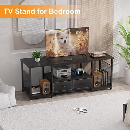 TV Stand with Drawers and Open Storage Shelves for 75 70 65 Inch TV, Entertainment Center with Open Storage Shelves, Industrial Media TV Console Table for Living Room Bedroom Office, Black