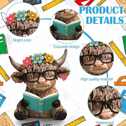 Wesiti 2 Pcs Highland Cow Figurines Spring Sunflower Highland Cow Gnomes Scottish Resin Statue Calf Lovers Gifts for Summer Home Garden Kitchen Office Tiered Tray Table Decor (Reading)