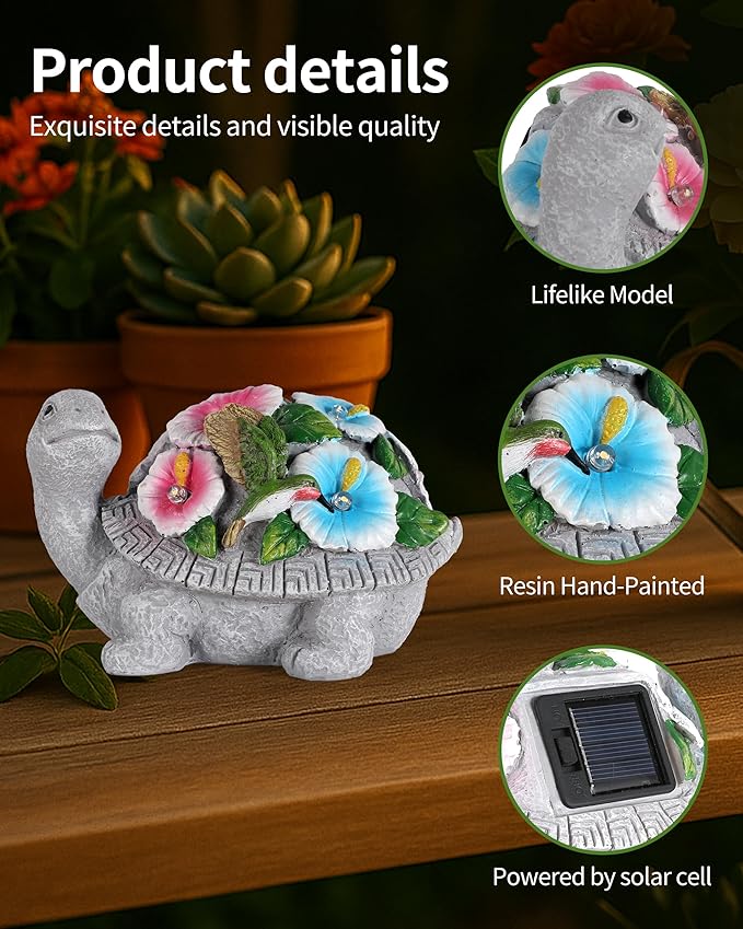 Solar Turtle Figurine Lights with Hummingbird Flower 5.5-inch – Garden Statue for Outdoor Yard Decorations, Lawn Ornaments, Balcony Decor – Ideal Gift for All Occasions (Turtle)