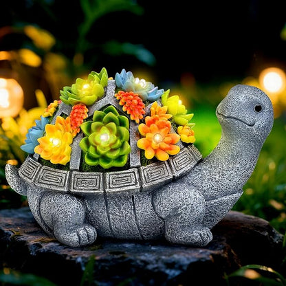 Solar Turtle Statue Garden Decor for Outside with Succulents and 7 LED Lights – 10.3 Inch Cute Lawn Ornaments for Patio, Porch, Balcony & Yard – Unique Birthday Gifts for Women Mom Grandma Wife