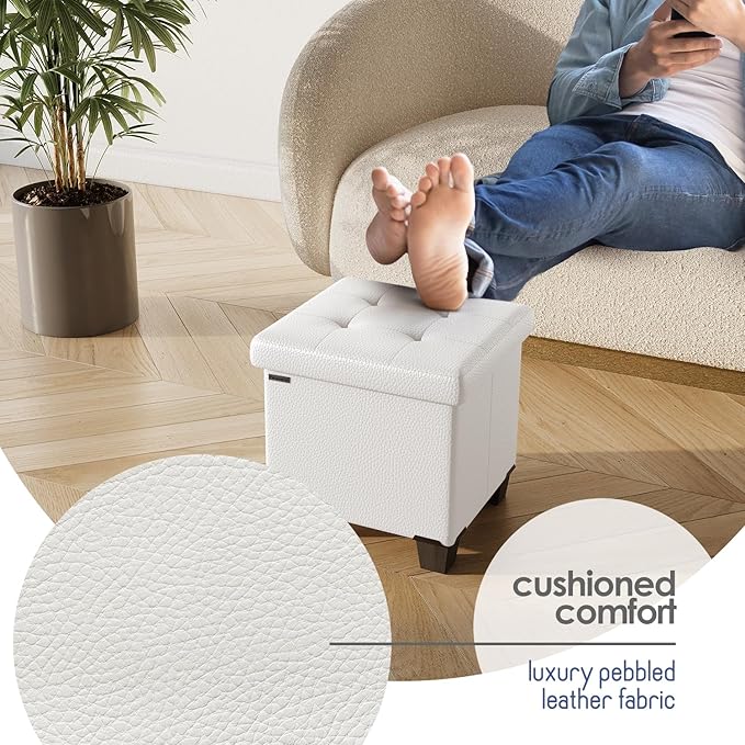 STORAGEBUD Storage Ottoman Cube with Small Bin, 16-in Square Ottoman with Storage for Living Room and Bedroom, Small Ottomans Foot Rest, Faux Leather Foot Stools Ottomans Max 330lbs, Cream