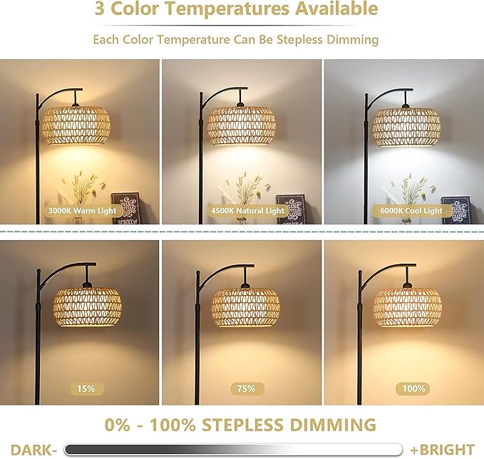 Arc Floor Lamps for Living Room Rattan Boho Floor Lamp with Remote Control,Dimmable LED Floor Lamps Wicker Lamp Shades Black Standing Lamp with 3 Color Temperature Tall Floor Lamp For Bedroom Corner