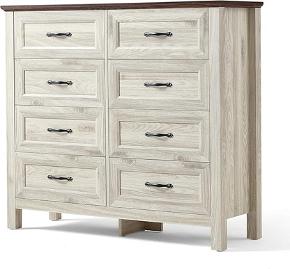 LINSY HOME Dresser for Bedroom with 8 Drawers, Updated Wide Chest of Drawers, Modern Farmhouse Bedroom Tall Dresser with Storage Organizer, Wooden Dressers for Living Room, Beige