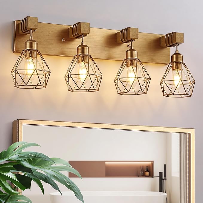 maesta Bathroom Gold Vanity Light Fixtures, 4-Light Gold Bathroom Light Fixtures Over Mirror, Sconces Wall Lighting with Elegant Metal Lampshade for Living Room, Bedroom, Hallway