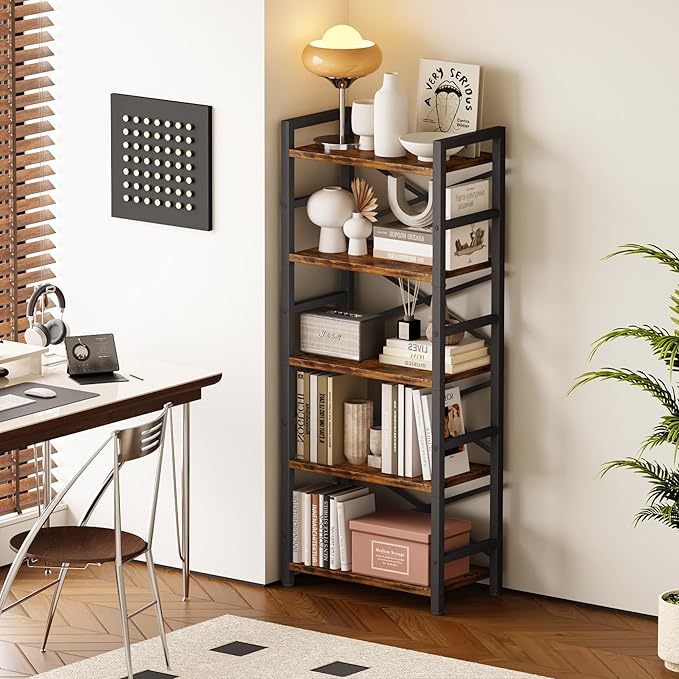 Organization and Storage, 5 Tier Bookshelf, Tall Bookcase with Shelves, Wood and Metal Book Shelf Storage Organizer, Industrial Display Standing Shelf Unit for Bedroom, Living Room, Rustic Brown