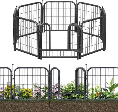 Decorative Garden Metal Fence 15.7ft (L)×24in (H) with 7 Panels 1 Gate Outdoor, No Dig Rustproof Wire, Animal Barrier Fencing for Outdoor Yard Patio Flower Bed,（Black-Silver）