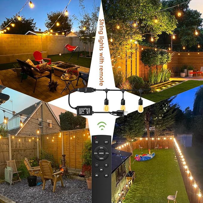 190FT Remote Controlled Outdoor String Lights Patio String Lights for Outside, 60+3 Shatterproof S14 Warm Lights String Outdoor for Bistro Café Gazebo Backyard, Linkable, 2 Pack