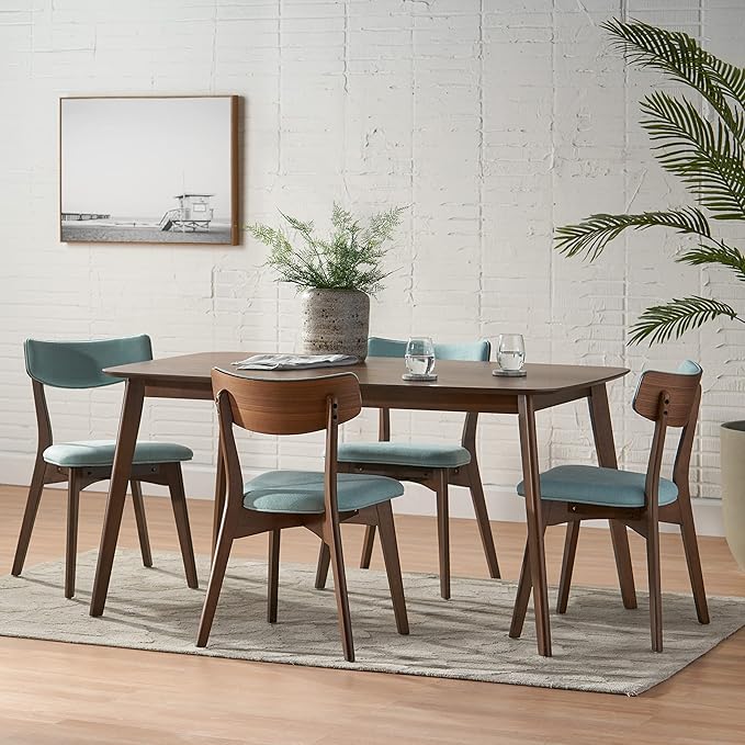 Christopher Knight Home Megann Mid-Century Wood Dining Set with Fabric Chairs, 5-Pcs Set, Natural Walnut / Mint