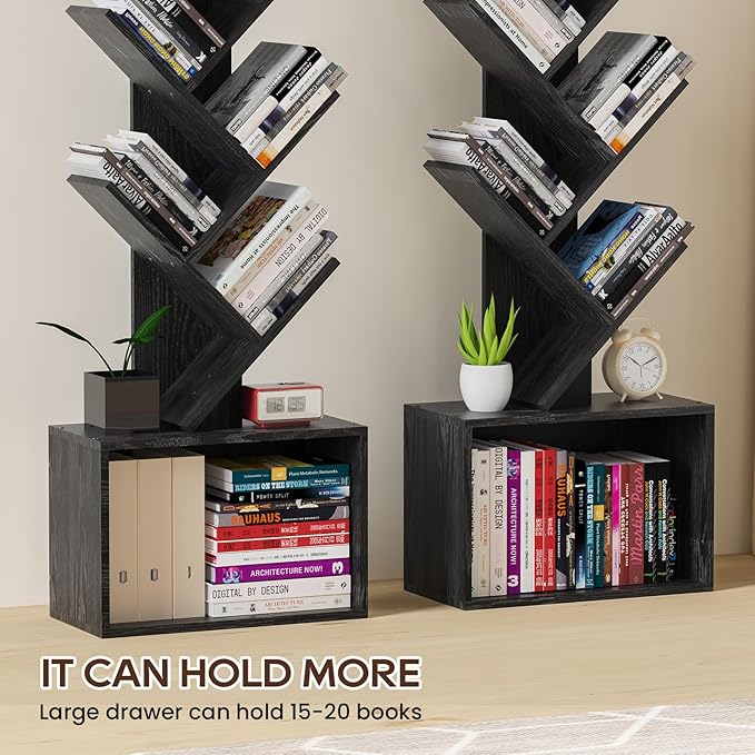 6 Tier Tree Bookshelf, Sturdy Retro Floor Standing Wood Bookcase, Storage Rack for Home Office, Living Room, Bedroom, Reading Spot, Heavy Book Organizer Shelves for CDs/DVDs/Movies, Black