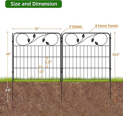 Decorative Black Garden Fencing 24in(H) X16ft(L) 8 Panels Metal Wire Edging Patio Landscape Flower Border Garden Fence for Dogs Animal Barrier for Outdoor