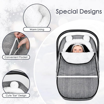 Winter Carseat Cover for Baby Girl Boy, Super Windproof Baby Car Seat Cover Protect Baby from Cold Weather, Plush Fleece Infant Car Seat Cover Canopy, Gray