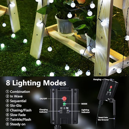 Joomer Solar Powered String Lights Waterproof, 39FT 60 LED Outdoor Solar String Lights Crystal Ball Light 8 Modes Globe Light for Garden, Gazebo, Porch, Lawn, Patio, Tree Decor (White)