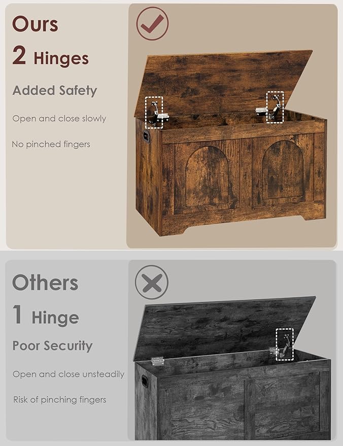 DINZI LVJ Storage Chest, 31.5”Wooden Storage Box with 2 Safety Hinges, Entryway Shoe Bench with Flip-Top, Sturdy Trunk for Living Room, Bedroom, Easy Assembly, Rustic Brown