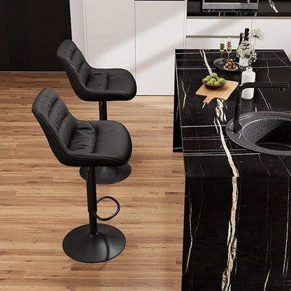 Kidol & Shellder Bar Stools Set of 2 Adjustable Swivel Black, PU Leather Upholstered with Back, Modern Counter Height Stools for Kitchen Island, Home Bar