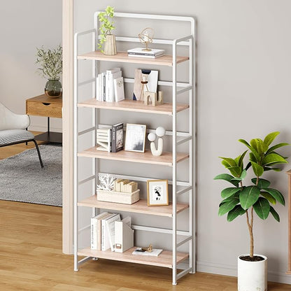 No Assembly Folding Bookshelf, 5 Tiers Collapsible Book Shelf for Home Office, Vintage Wood Foldable Bookcase Storage Organizer for Living Room Bedroom (Beige)