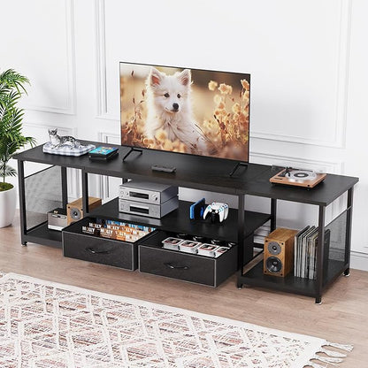 TV Stand with Drawers and Open Storage Shelves for 75 70 65 Inch TV, Entertainment Center with Open Storage Shelves, Industrial Media TV Console Table for Living Room Bedroom Office, Black