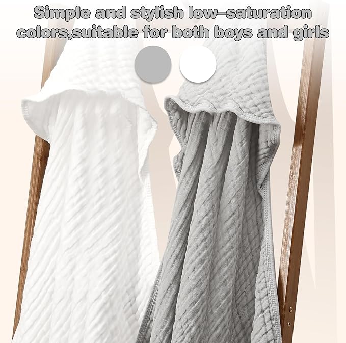 MUKIN Baby Hooded Towels, Muslin Cotton, 2-Pack, for Newborn, Infant, Toddler and Kids (White,Grey)