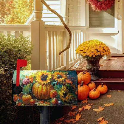 Fall Thanksgiving Magnetic Mailbox Cover Harvest Pumpkin Mailbox Wraps Waterproof Daisy Floral Mailbox Post Letter Box Covers Oversize Large Size 25.5 X 21 Inches for Home Garden Yard Outside