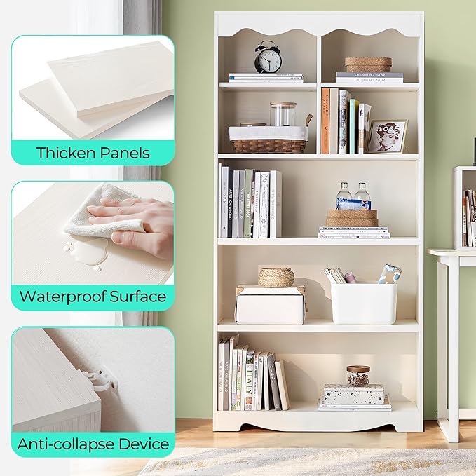 LINSY HOME 5-Shelf Bookcase Wooden, 63" Tall Bookshelf with Storage, Open Floor Standing Cube Shelf Bookcase Libreros, Beige Modern Book Shelf for Bedroom, Living Room, White Oak