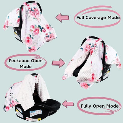 Baby Car Seat Cover,Carseat Covers Baby Girl, Multi-Use Minky Infant Canopy for Babies,Minky Infant Car Seat Cover Winter,Ultra-Soft Nursing & Stroller Cover,Pink Rose