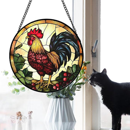 Stained Glass Window Hanging, Colorful Big Cock Sun Catcher for Window Door Home Decor, Chicken Suncatcher Christmas Mother's Day Birthday Gifts for Women Men Mom and Nana 11.8 in