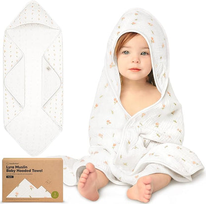 KeaBabies Muslin Baby Bath Towels with Hood for Girls, Boys -Large Organic Cotton Hooded Baby Towels for Newborns,Toddlers,Infant,Kids,Soft Absorbent Newborn Bath Essentials Gift Set(Tulips, Regular)