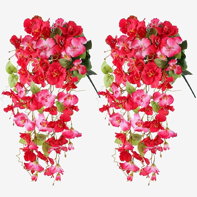 Artificial Hibiscus Fake Hanging Flowers Plants for Outdoors Spring Decoration, 2pcs Faux Silk Outside Hibiscus Long Trailing Vines Realistic UV Resistant for Front Door Planter Porch Patio Yard Urn