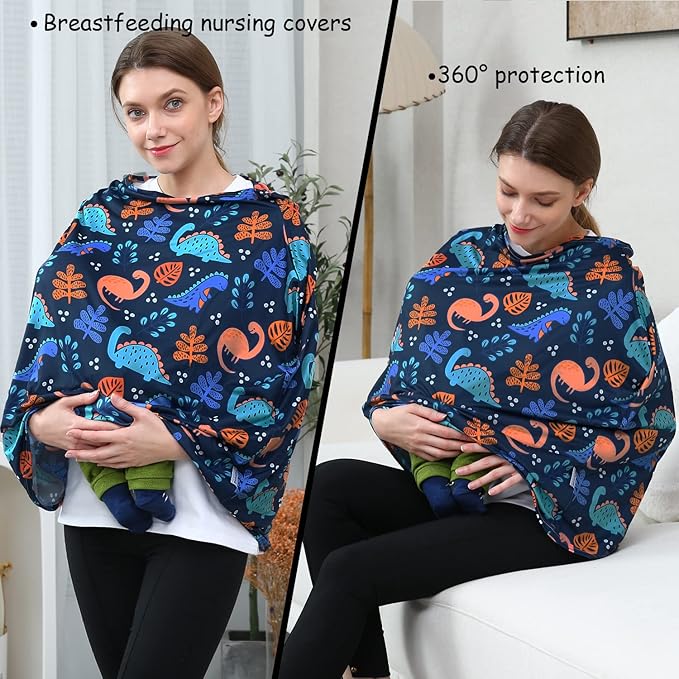 Car Seat Covers for Babies - Multi-use Carseat Canopy Cover Breastfeeding Covers, Stroller Canopy Cover (Navy Dinosaur)