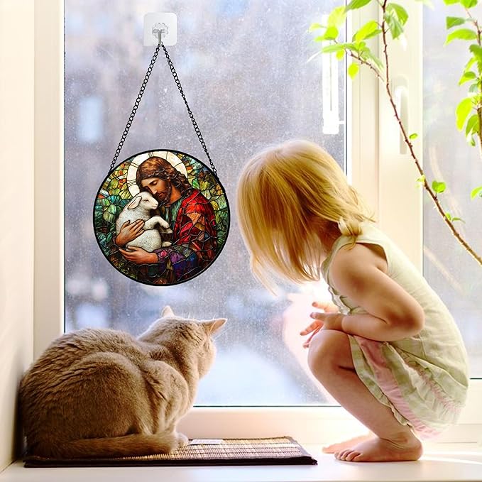 Stained Glass Window Hanging, Jesus Little Lamb Sun Catchers Colorful Glass Panel Christianity Suncatcher Decor for Birthday for Women, Men, Wife, Aunt, and Mom 6.3 in