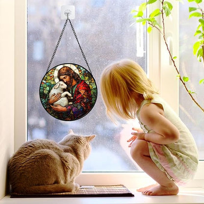 Stained Glass Window Hanging, Jesus Little Lamb Sun Catchers Colorful Glass Panel Christianity Suncatcher Decor for Birthday for Women, Men, Wife, Aunt, and Mom 6.3 in