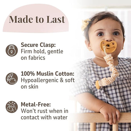 Muslin Cotton - Metal-Free Pacifier Clips, Lightweight and Secure Pacifier Holder for Babies (Sun Éclat) - Mila & Lulu