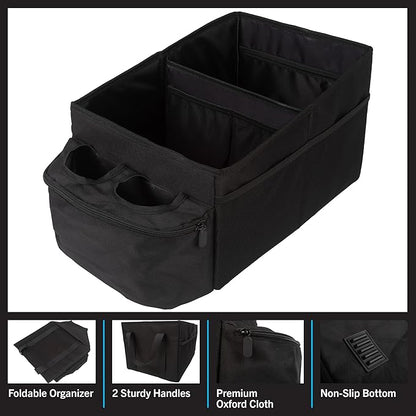 Backseat Car Organizer Back Seat or Front Car Seat Organizer - Collapsible Storage Box Caddy with 2 Cupholders and Partitions for Files, Books, Toys, Snacks, Drinks or Road Trip Essentials by Stalwart