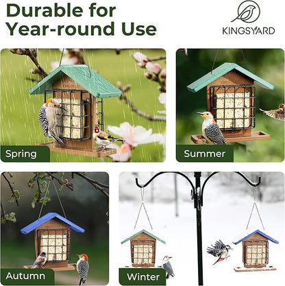 Kingsyard Recycled Plastic Double Suet Feeder with Rainproof Roof & Perch, Cage Suet Bird Feeders for Outdoors Hanging, Great for Woodpecker, Chickadee, Nuthatch (Green)