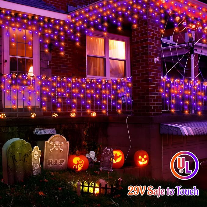 KNONEW 33FT 400 LED Orange Purple Halloween Lights Outdoor Black Wire String Lights with 75 Drops, 8 Lighting Modes, Timer Memory Function Connectable Hanging Curtain Lights for Halloween Party Decor