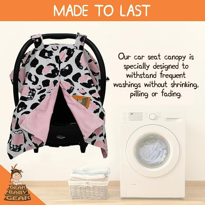 Dear Baby Gear Car Seat Canopy, Pink and Black Cheetah Print on White, Lightweight Double Layer