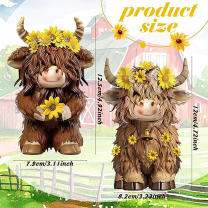 2 Pcs Highland Cow Figurines Decor Cow Gnomes with Sunflower Resin Statue Calf Lovers Gifts for Farmhouse Home Garden Bathroom Kitchen Office Tiered Tray Table Decor