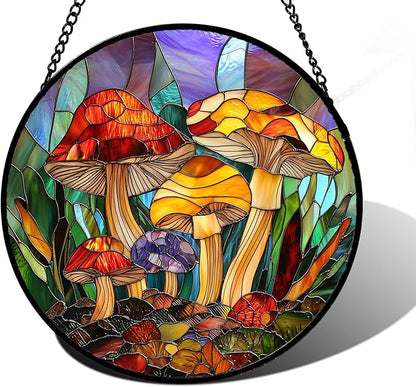 Stained Glass Window Hanging, Jungle Mushrooms Sun Catchers Diamond Glass Panel Hangings Plant Suncatcher Decor for Birthday for Women,Men, Wife, Aunt,and Mom 6.3X6.3 in