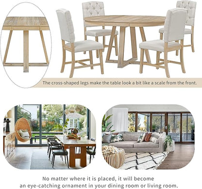 5 Pieces Dining Table Set with 42" Table,Living Room Furniture W/ 4 Upholstered Chairs,Tabletop Can be Adjusted from Round to Oval in Shape,for Restaurant,Home Bistro,Natural
