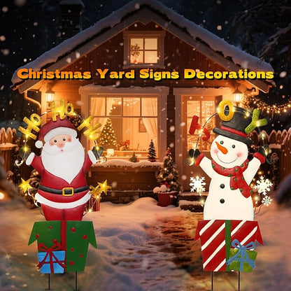 Christmas Outdoor Yard Signs Decorations, LED Solar Metal Garden Stake Lights with Joy for Patio Lawn Christmas Decor (Snowman&Santa Claus)