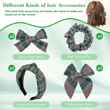 5 Pcs Plaid Headband Set with Knot Scrunchies, Padded Bows, Christmas Hair Clips for Women & Girls (Green)